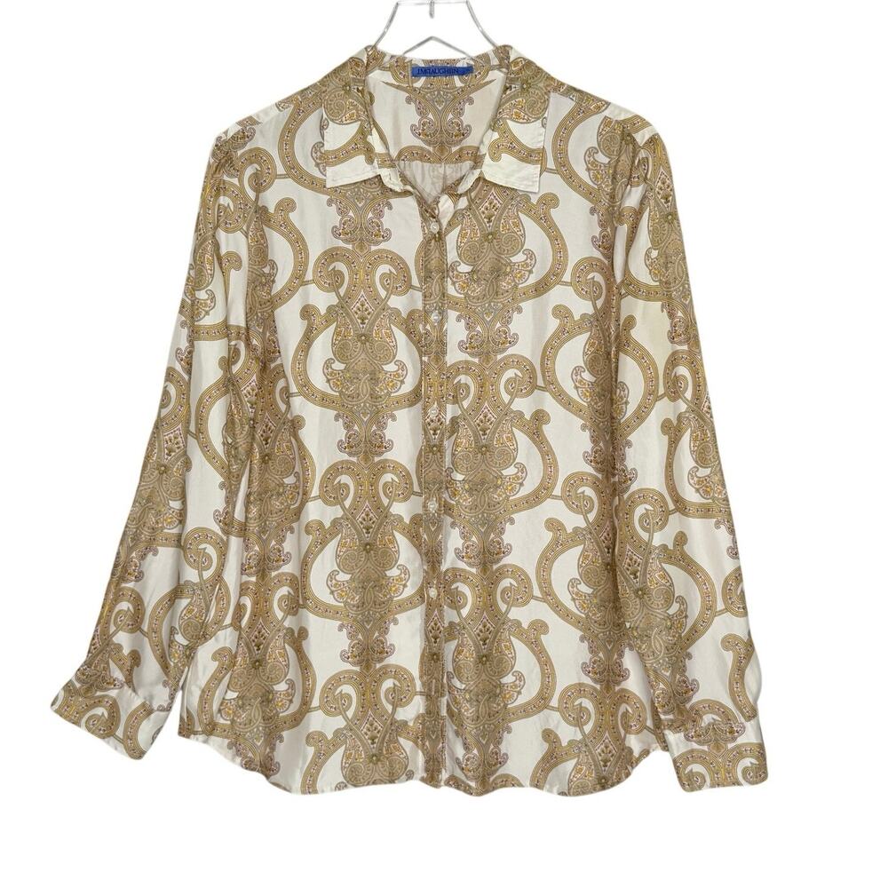 J.McLaughlin Long Sleeve Button Front Top XL Silk Blend Ornate Baroque Paisley